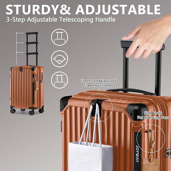 Joyway 20in Carry On Luggage with Cup Holder and USB Port, 25% Expandable Capacity, Smart Suitcase Set with Anti Slip Wheels and Handbag, Perfect for Men and Women (Brown, Carry-On 20-Inch Handbag)