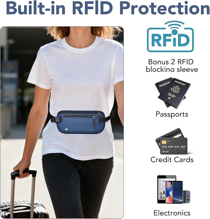 Travel Money Belt Hidden Passport Holder for Men/Women- RFID Blocking- Slim Anti-Theft Waist Wallet under Clothes,Travel Wallet Money Pouch, Travel Belt Fits Passport Phone Cash Cards (Navy Blue)