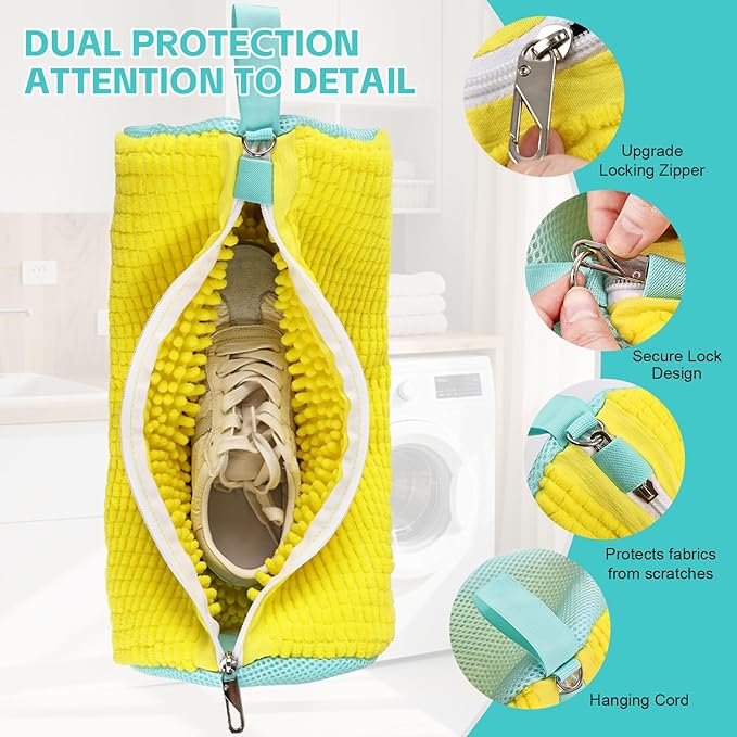 Shoe Washing Machine Bag Reusable Sneaker Washing Bag with Built-in Fluffy Brushes for 360° All-Around Cleaning, Laundry Shoe Bag is Designed for Washer and Dryer （Yellow 2pcs）