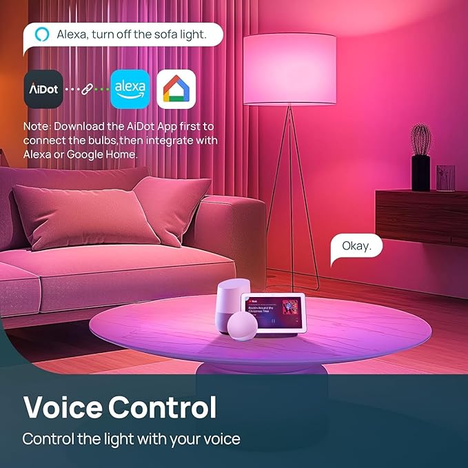 Linkind Smart Light Bulbs, Work with Alexa, Google Home, AiDot | Remote Control, 16 Million Color Changing, 1800K-6500K White, 2.4G WiFi+Bluetooth, Preset Scene, A19 E26, 60W 800LM, 4Pack