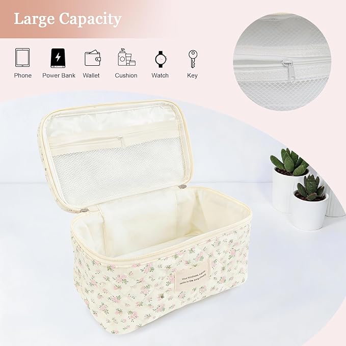 Cute Makeup Bag for Women(2 Pcs), Travel Cosmetic Bags, Quilted Coquette Aesthetic Floral Toiletry Organizer Bag (46 - PinkMuDan)