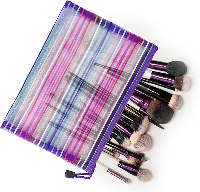 Mesh Bags with Zipper (6 Pack), Nylon Makeup Bag Cosmetic Pouches Travel Organizer Case for Purse Diaper Bag Home Organizing Striped Multi Size Purple