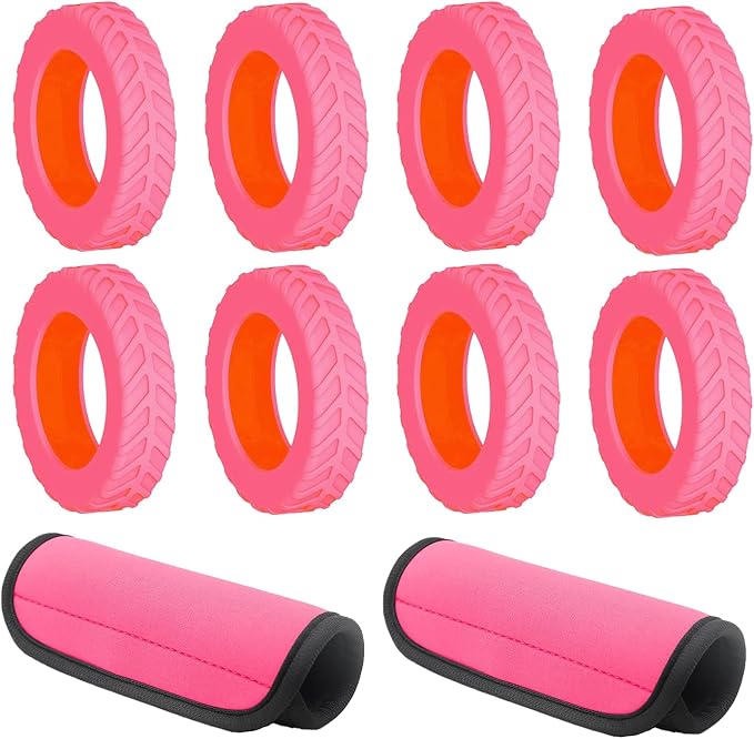 8-Pack Luminous Pink Luggage Wheel Covers (Fits 2"-2.4" Double Wheels) & 2-Pack Pink Handle Wraps - Silicone Tire-Textured Wheel Protectors, Wet-Suit Material Handle Grips for Travel