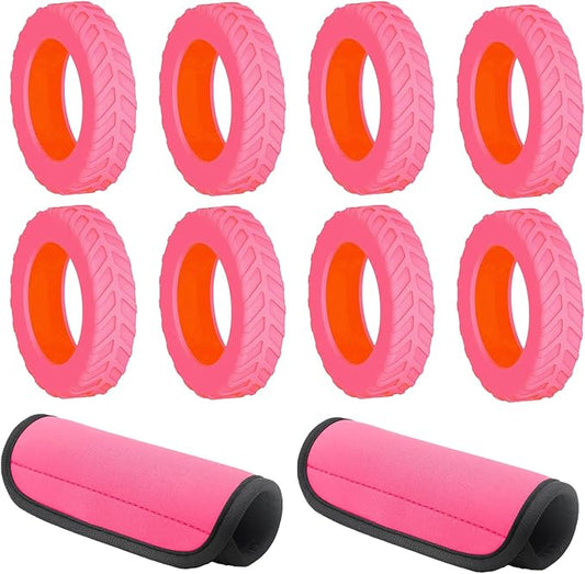 8-Pack Luminous Pink Luggage Wheel Covers (Fits 2"-2.4" Double Wheels) & 2-Pack Pink Handle Wraps - Silicone Tire-Textured Wheel Protectors, Wet-Suit Material Handle Grips for Travel