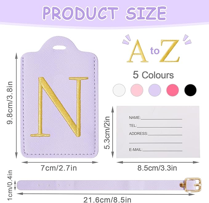 Initial Letter Luggage Tags for Suitcases, Personalized Embroidered Letter Luggage Bag Suitcase Identifier Name Tag, Cute PU Leather Travel Luggage Tags, Bag Tags for Luggage Handbags(Purple N)
