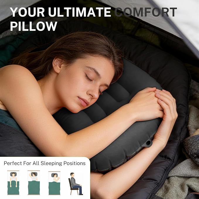 Camping Pillow-Compressible, Ultralight Inflatable,Compact, Comfortable, Ergonomic Inflating Pillows for Neck & Lumbar Support While Camp, Hiking(Black,with Anti Slip Straps)