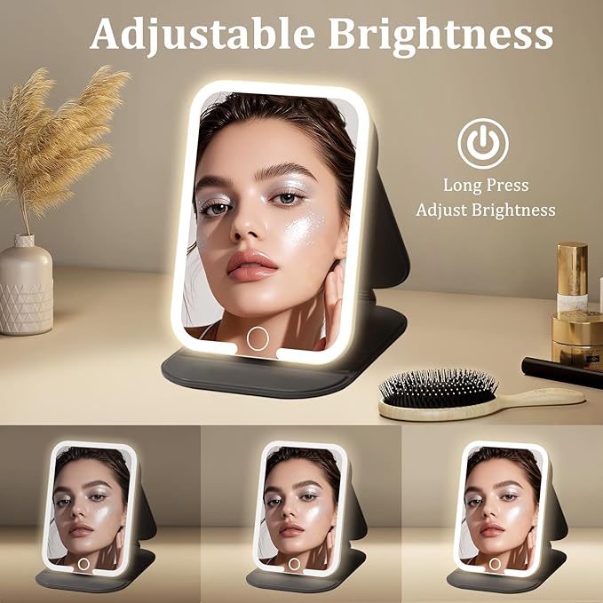 Rechargeable Travel Mirror with Light, LED Makeup Mirror with Lights, Portable Vanity Mirror with 3 Color Lighting, Touch Dimmable Lighted Cosmetic Mirror, Travel Essentials (Black)