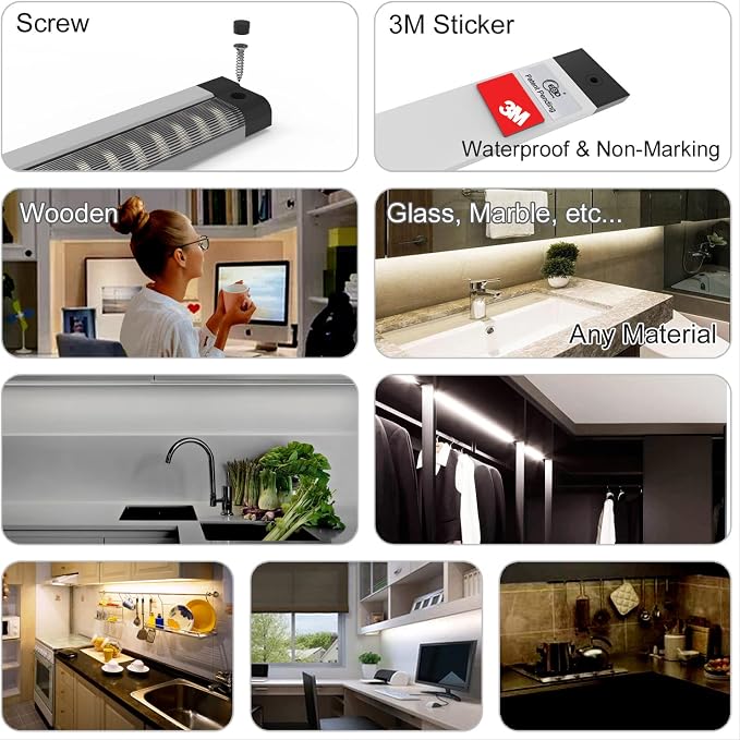 EBD Under Cabinet Lighting Plug in 6 Pcs 12 Inch, Dimmable No Messy Wires Built-in Adjustable Cable LED Light Bar 6500K 2700LM for Kitchen Home Office, Memory for Smart Plug, 1 Pcs Extension Cables