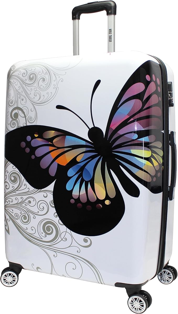 World Traveler Butterfly 3-Piece Polycarbonate Hardside Expandable Spinner Luggage Set with Enhanced Wheel System