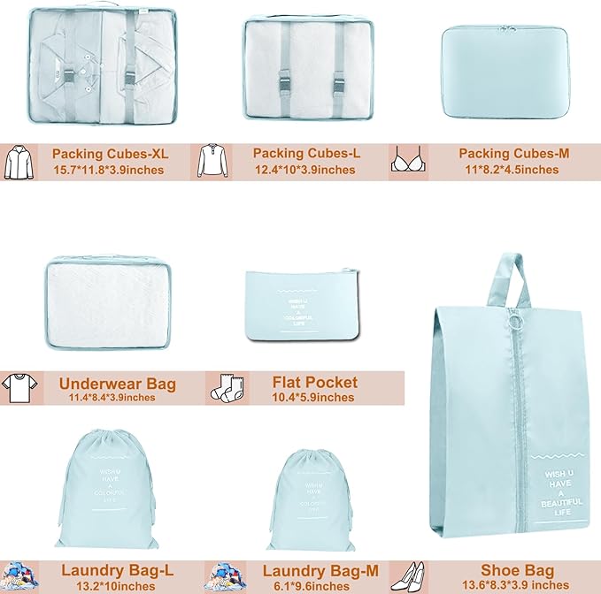 Packing Cubes for Travel - 8 Set Luggage Organizer Bags for Family, Mesh Breathable Travel Essentials Bags Set Durable Travel Packing Cubes for Suitcases