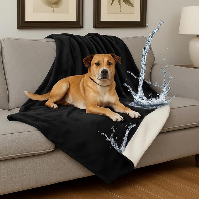 Waterproof Gray Blanket for Dog Cat Puppy, 40'' x 60'' Double Side Leakproof Reversible Double Side Sherpa Flannel Fleece 3 Layer Lightweight Blanket, Absorb 25oz(BlackWhite), Machine Washable