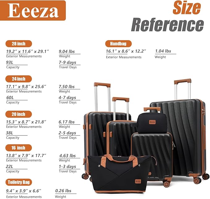 Luggage Sets 6 Piece Carry on Suitcases with Spinner Wheels ABS Hardshell Lightweight Durable Travel Luggage with Combination Lock (Black, 6 Piece Set 16"/20"/24"/28")