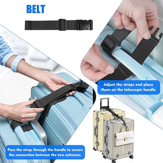 2 Pack Luggage Straps for Suitcases, Luggage Straps to Connect Two Suitcases, Adjustable T-Type and Normal Suitcase Straps for Connect 3 Luggage Together (Black)