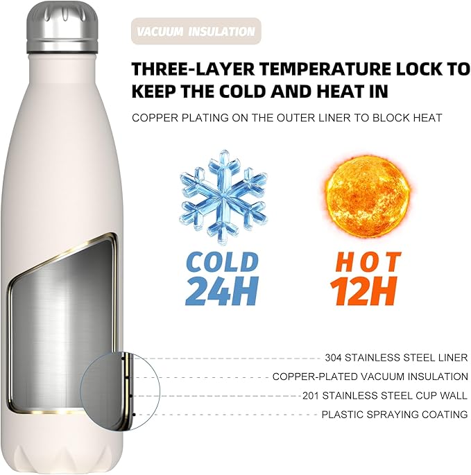 WATERSY Stainless Steel water bottles,17oz/500ml Insulated Water Bottles,Ivory Beige metal water bottle Keeps Drink Cold and Hot,BPA Free kids water bottles for School,Gym,Travel,Sports