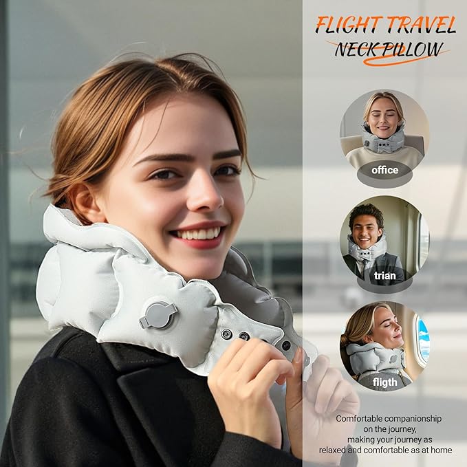 Inflatable Travel Pillow for Airplane, Inflatable Neck Pillow Airplane for Travel Office Nap Neck Support, Buy 1 Get 3 Professional Grey Sleeping Eye Mask and Highly Silent