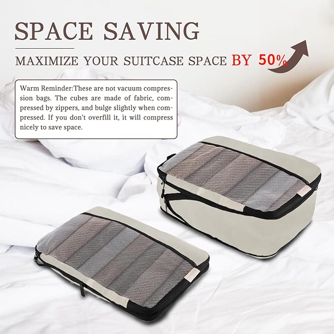U+U 4 Set Compression Packing Cubes - Ultralight Cream Travel Organizers, Space-Saving Suitcase Organizer, Expandable Packing Cubes for Travel and Family Vacation (Cream)