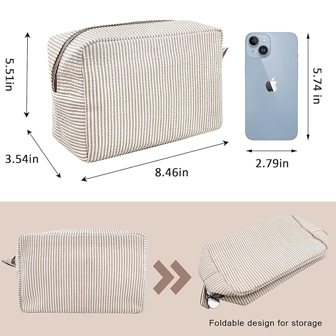 GFU Cosmetic Bags for Women, Seersucker Cosmetic Bag, Travel Toiletry Stripe Makeup Bag, Large Women Aesthetic Organizer Storage Pouch, Girls Handbags Purses, brown