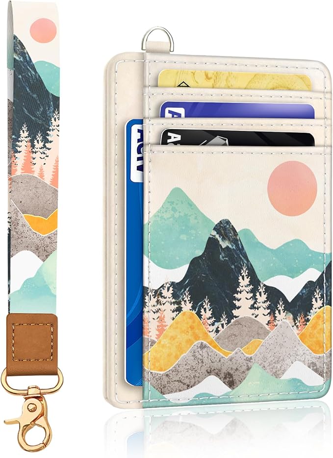 Yonlevres Sunrise Mountain Credit Card Holder Slim Wallet, RFID Wallet Women Front Pocket Wristlet Lanyard, Small Card Holder Travel Funny Cute Thin Card Case ID Window PU Leather Card Organizer Gifts