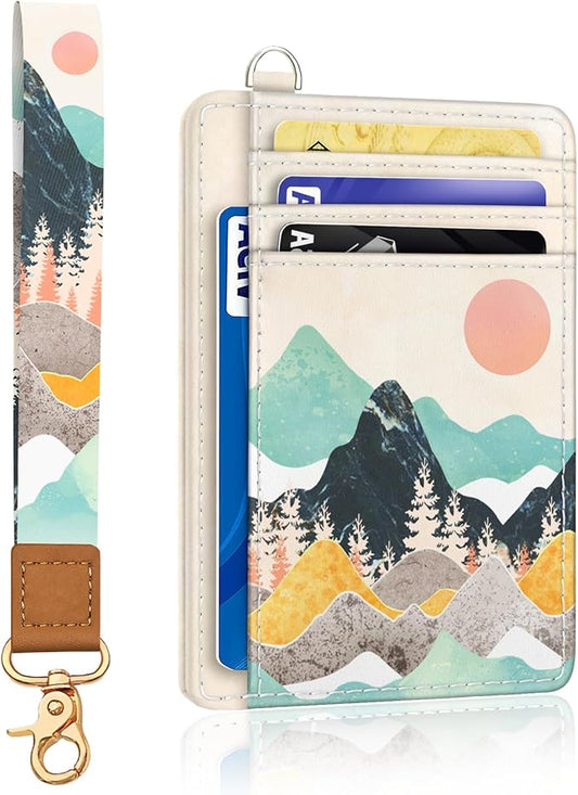 Yonlevres Sunrise Mountain Credit Card Holder Slim Wallet, RFID Wallet Women Front Pocket Wristlet Lanyard, Small Card Holder Travel Funny Cute Thin Card Case ID Window PU Leather Card Organizer Gifts