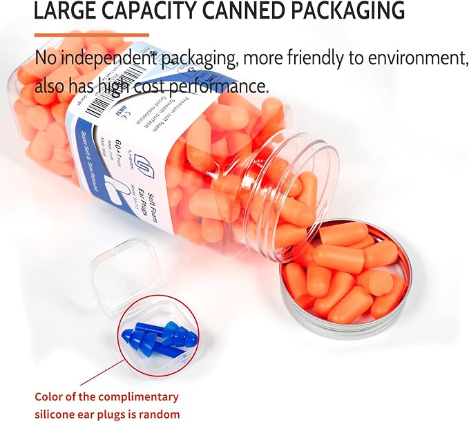 LYSIAN Soft Foam Earplugs 38dB SNR, 60 Pairs, Disposable Noise Cancelling Ear Plugs for Snoring, Work, Sleeping, Industrial, Shooting Range Hearing Protection- Orange