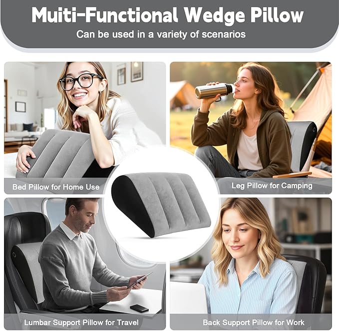 TheClover Inflatable Wedge Pillow for Sleeping - Leg Elevating Pillow with Sleep Mask, Bed Wedge Pillow for Camping, Grey