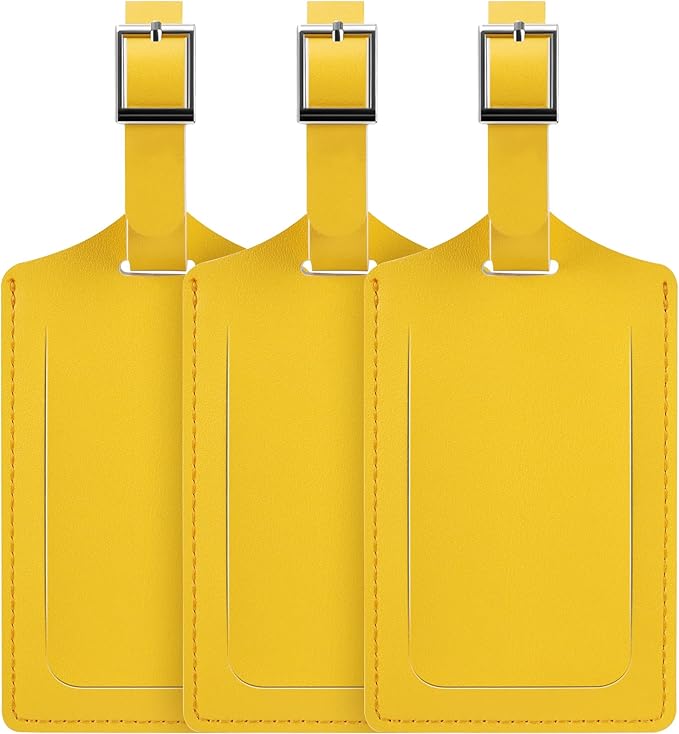 Travelambo Luggage Tags for Suitcases Faux Leather Privacy Protection 3 Pack Bag Tags Travel Accessories Essential, Energetic Yellow