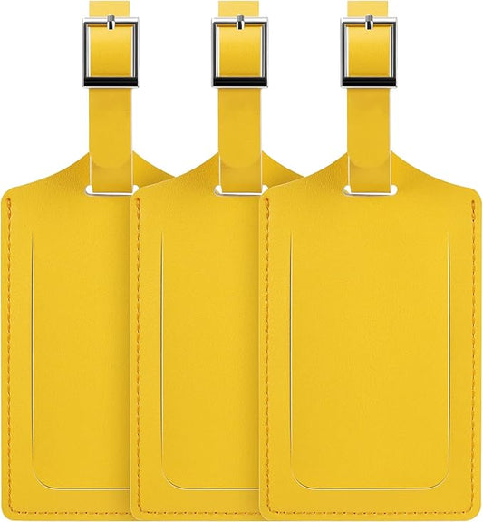 Travelambo Luggage Tags for Suitcases Faux Leather Privacy Protection 3 Pack Bag Tags Travel Accessories Essential, Energetic Yellow