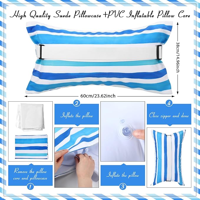 Menkxi 24"x15" Inflatable Beach Pillow with Removable Cover, Beach Chair Backpacking Pillow with Strap Stripe for Summer Sand Pools Travel Vacations(Blue White)