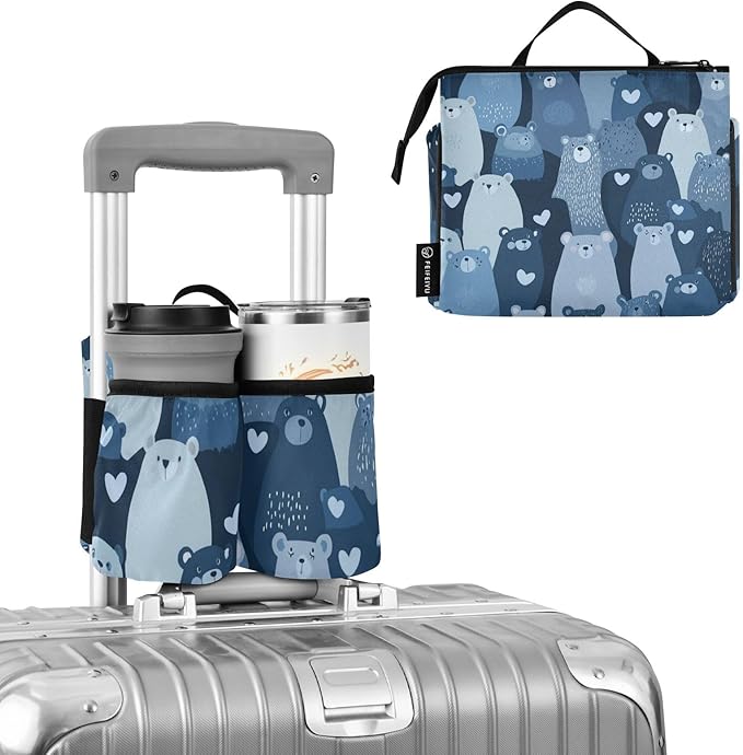 Luggage Cup Holder for Suitcases Free Hands Travel Cup Holder Portable Suitcase Cup Drink Holder Luggage Cup Caddy Bag Carrier Blue Bears and Hearts