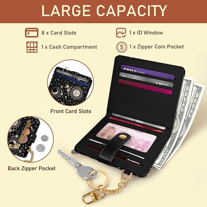 Jogjam Sun and Moon Rfid Women Wallet, Small Slim Thin Credit Card Wallet, PU Leather Bifold Cash Zipper Coin Pocket ID Window for Female Ladies Teen Girls Girly