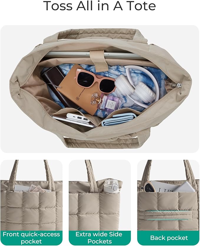 BAGSMART Expandable Tote Bag for Women, Puffer Work Tote Handbag, Quilted Carry On Bag for Travel Gym