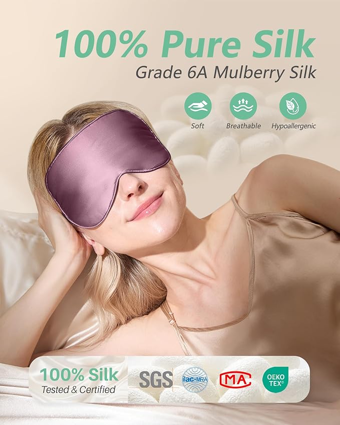 BeeVines 100% Real Mulberry Silk 2 Pack Sleep Mask, Pure Silk Eye Masks with Adjustable Strap for Sleeping, 100% Block Light Eye Shade Cover, Reduces Puffy Eyes Traveling Gifts(Black & Ruby Purple)
