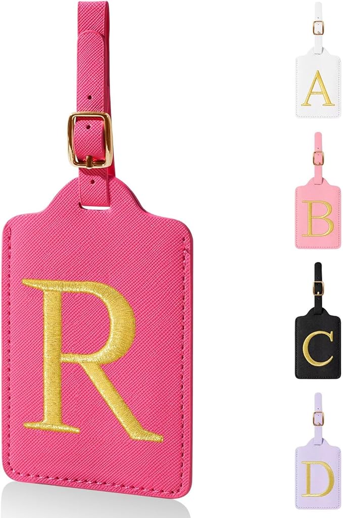 Personalized Initial Luggage Tags for Suitcases,Leather Letter Cute Luggage Tags with Privacy Name Card,Embroidered Monogrammed Travel Bag Backpack Tag Gifts for Women Kids Girls Teens(Rosered-R)