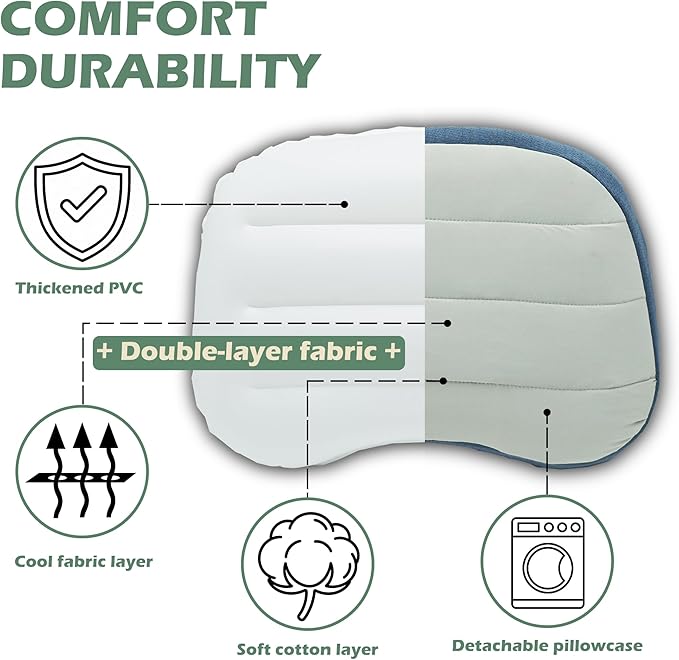 Inflatable Travel Camping Pillow - Ultralight, Portable, Removable, Double Cotton Cover Pillow for Neck Support with Storage Bag for Camping, Traveling, Backpacking, Hiking