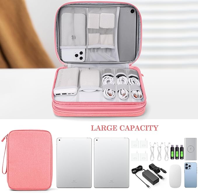 FYY Electronic Organizer, Extra Large Travel Cable Organizer Bag Pouch Portable Waterproof Double Layers All-in-One Storage Bag for iPad, Cable, Power Bank, Laptop Charger for Office/Home, Pink