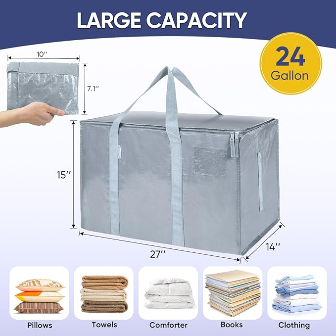 TICONN 2 Pack Extra Large Moving Bags Heavy Duty with Zippers & Carrying Handles, Durable Storage Bags Moving Boxes for Closet Organizers and Storage (2 Pack, Light Grey)
