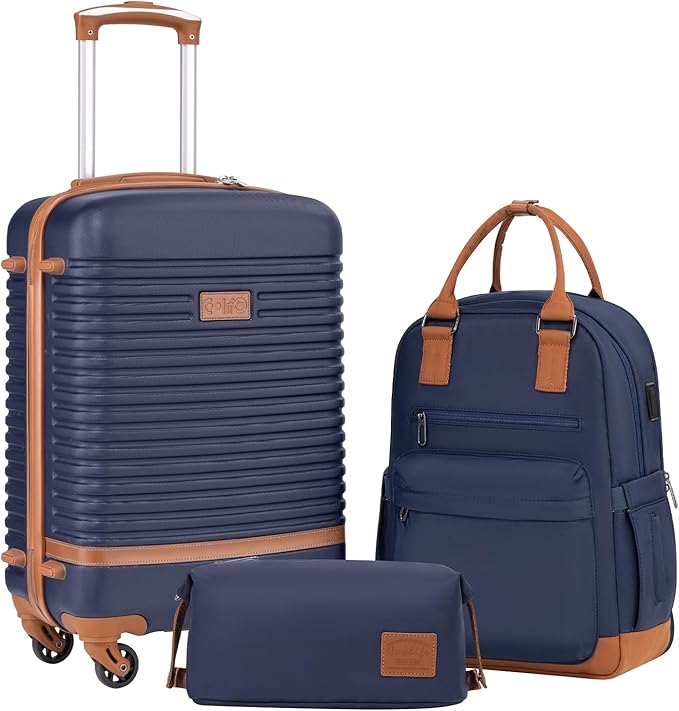 Coolife Suitcase Set 3 Piece Luggage Set Carry On Travel Luggage TSA Lock Spinner Wheels Hardshell Lightweight Luggage Set(Navy, 3 piece set (BP/TB/20))