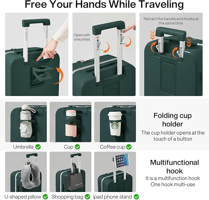mixi Large Checked Luggage with Cup Phone Holder and Charger Hard Shell Suitcases with Spinner Wheels, 26 Inch Blackish Green