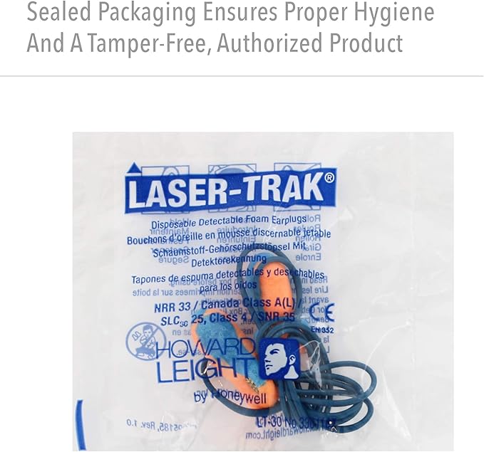 Howard Leight by Honeywell LT-30 Hundred-Pair 32NRR Laser Trak Corded Single-Use Earplugs - Orange/Blue