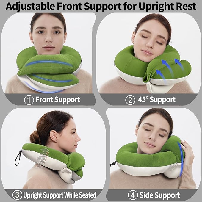 BUYUE Travel Neck Pillows for Airplanes, 360° Head Support Sleep for Long Flight, Skin-Friendly & Breathable, Kit with 3D Contoured Eye Mask, Earplugs and Storage Bag (Adult, Green, 90+ lbs)