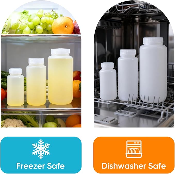 DEMORA 16 oz Plastic Bottles with Lids, Airtight Refillable Wide Mouth Travel Bottles for Toiletries, HDPE Food Grade Plastic Containers for Liquids Pill Water Sample Lab Reagent (Translucent, 2 Pcs)