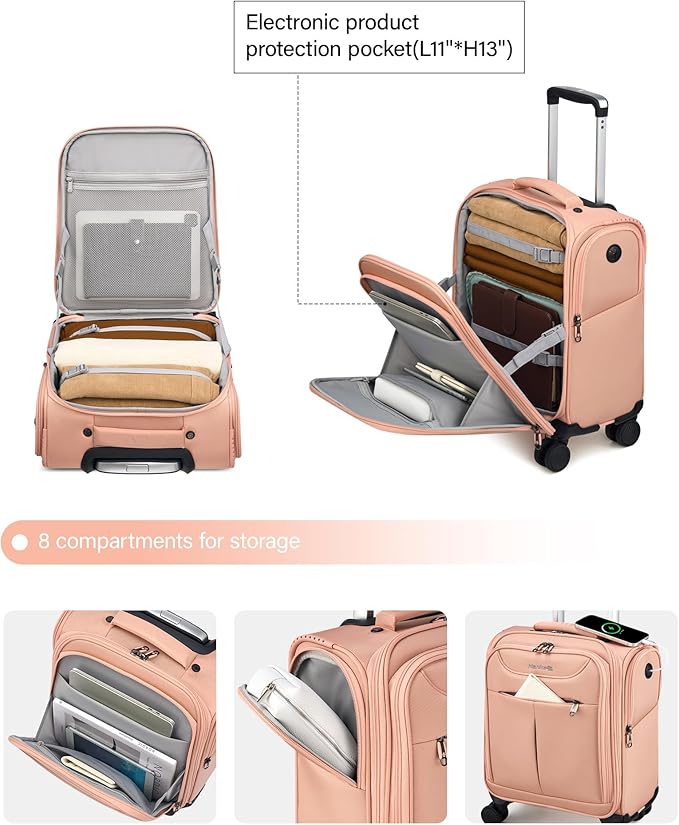 Hanke Underseat Carry On Luggage with Wheels, Lightweight Small Suitcase Airline Approved 16 Inch Softside Personal Item Travel Bag for Women Men, Compact Under Seat Luggage with Spinner Wheels.(Pink)