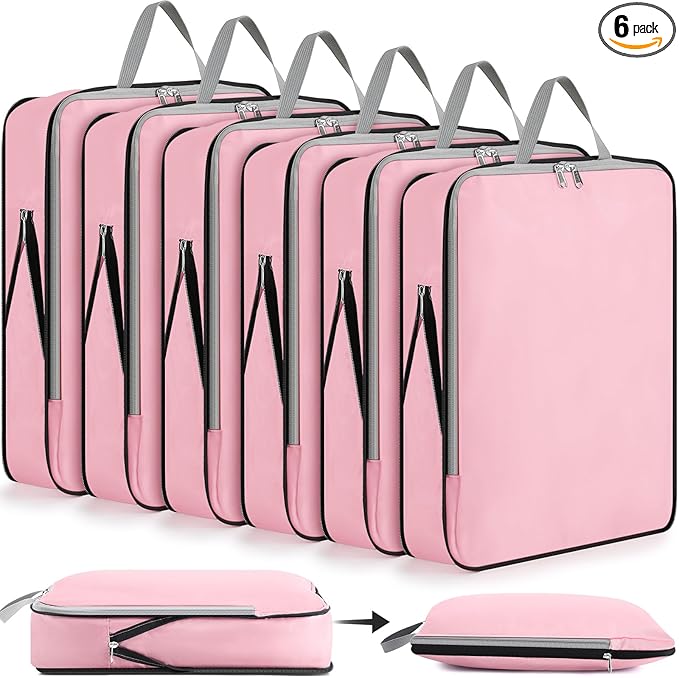 Hosuly 6 Pcs Ultralight Compression Packing Cubes for Travel 17.3 x 12.6'' XL Large Expandable Luggage Organizers for Save Space Family Long Trips (Pink)