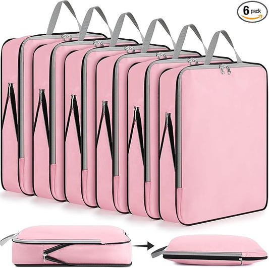 Hosuly 6 Pcs Ultralight Compression Packing Cubes for Travel 17.3 x 12.6'' XL Large Expandable Luggage Organizers for Save Space Family Long Trips (Pink)