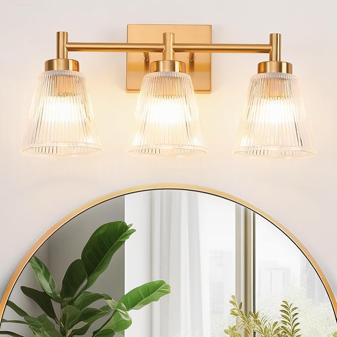 OCIOC 3-Light Bathroom Vanity Light, Modern Gold Wall Light Fixture With Stripe Glass, Farmhouse Bathroom Wall Sconces for Mirror, Kitchen, Bedroom, Living Room, Hallwa