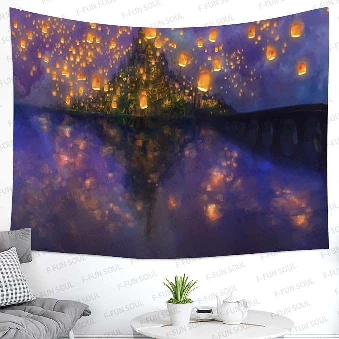F-FUN SOUL Night Castle Tapestry, 60x51inchs Soft Flannel, Cartoon Castle lantern Fuzzy Pattern Wall Hanging Tapestries for Bedroom Living Room Decor GTOKFS0774