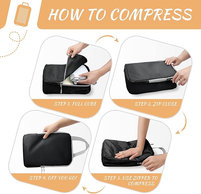 WOOMADA Compression Packing Cubes for Suitcases Travel Essentials 4 Set Expandable Travel Bags Organizer for Luggage(black)
