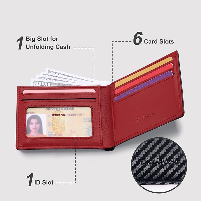 Chelmon Slim Wallet for Men ID Window with RFID Blocking Front Pocket Minimalist Bifold Bussiness Card Holder Gift for Men, Carbon Black & Red