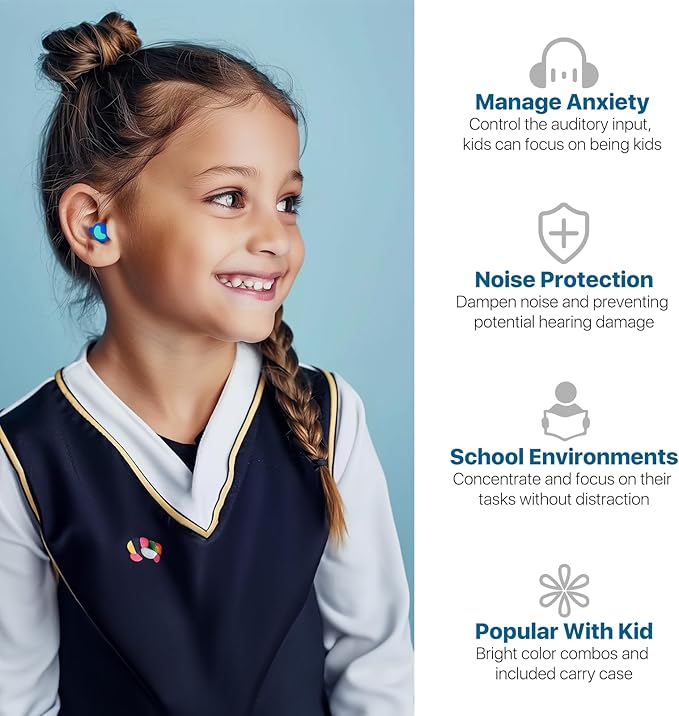 Ear Plugs for Kids Ear Protection (6-12yrs) & Adult with Small Ear Canal - Reusable Noise Relief Earplugs for Focus, Travel, Concerts, Socializing, Sports, Noise Sensitivity - 26dB Hearing Protection