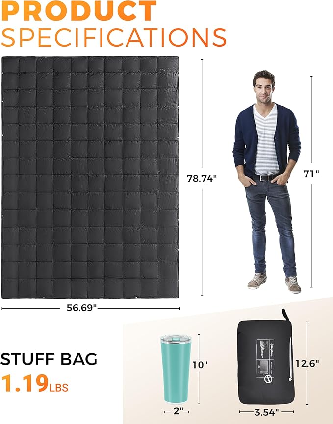 KingCamp Ultralight Camping Blanket, Packable Down Alternative Puffy Wearable Blankets Weatherproof Warm Package Quilt with Snap Buttons for Outdoor Hiking Travel Picnic Stadium (78.7" x 56.7", BLACK)